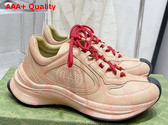 Gucci Womens Gucci Run Sneaker in Beige and Hibiscus Red Leather with GG Water Transfer Print 722619 Replica