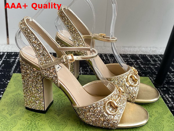 Gucci Womens Horsebit Mid Heel Sandal in Metallic Gold Leather with Crystals 771696 Replica