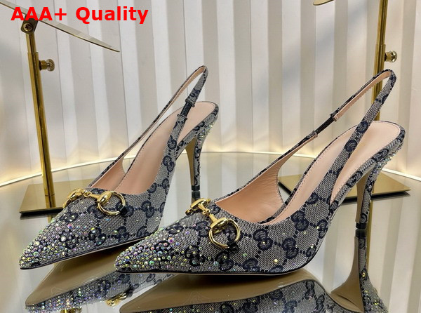 Gucci Womens Horsebit Pump in Beige and Blue GG Canvas with Multi Dimension Crystals Details 812176 Replica