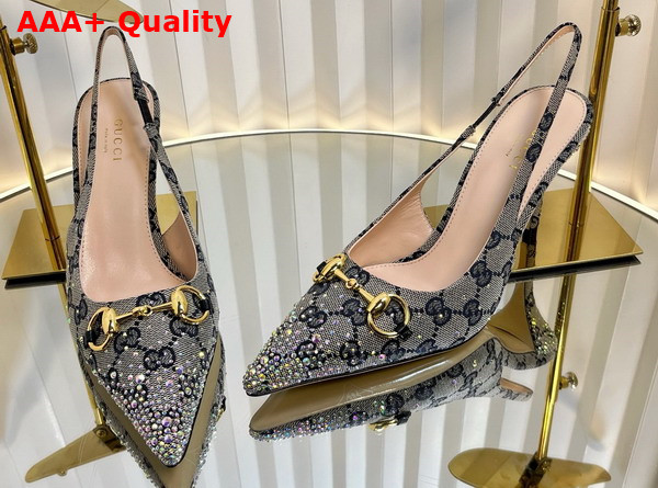 Gucci Womens Horsebit Pump in Beige and Blue GG Canvas with Multi Dimension Crystals Details 812176 Replica