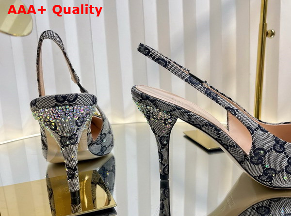 Gucci Womens Horsebit Pump in Beige and Blue GG Canvas with Multi Dimension Crystals Details 812176 Replica