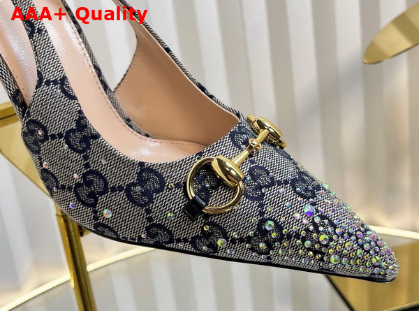 Gucci Womens Horsebit Pump in Beige and Blue GG Canvas with Multi Dimension Crystals Details 812176 Replica