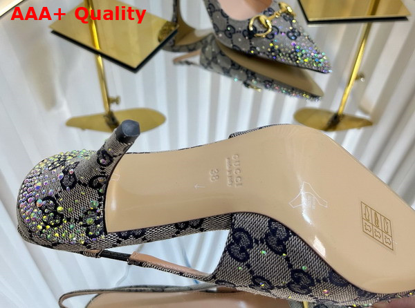 Gucci Womens Horsebit Pump in Beige and Blue GG Canvas with Multi Dimension Crystals Details 812176 Replica