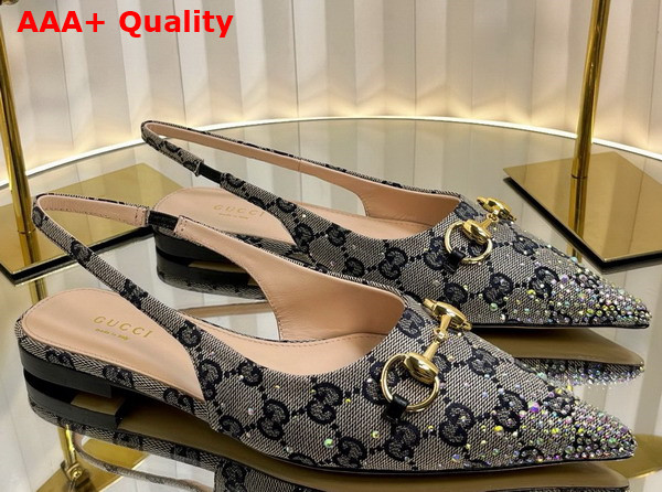 Gucci Womens Horsebit Pump in Beige and Blue GG Canvas with Multi Dimension Crystals Details 812176 Replica
