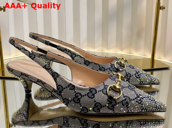 Gucci Womens Horsebit Pump in Beige and Blue GG Canvas with Multi Dimension Crystals Details 812176 Replica