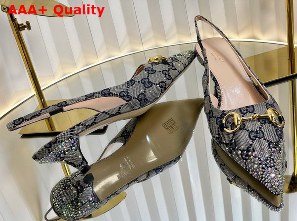 Gucci Womens Horsebit Pump in Beige and Blue GG Canvas with Multi Dimension Crystals Details 812176 Replica