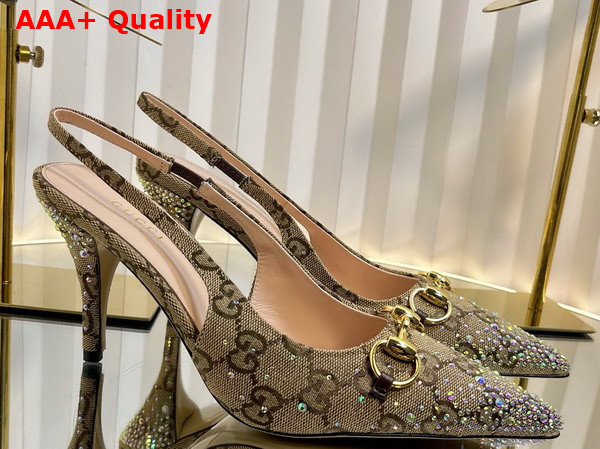 Gucci Womens Horsebit Pump in Beige and Dark Brown GG Canvas with Multi Dimension Crystals Details 812176 Replica