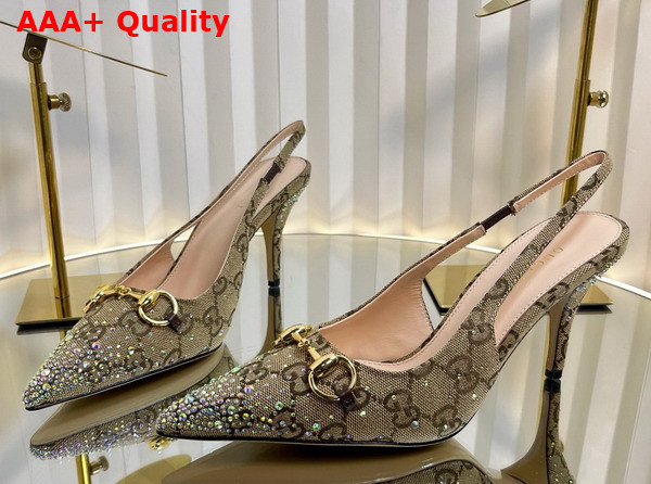 Gucci Womens Horsebit Pump in Beige and Dark Brown GG Canvas with Multi Dimension Crystals Details 812176 Replica