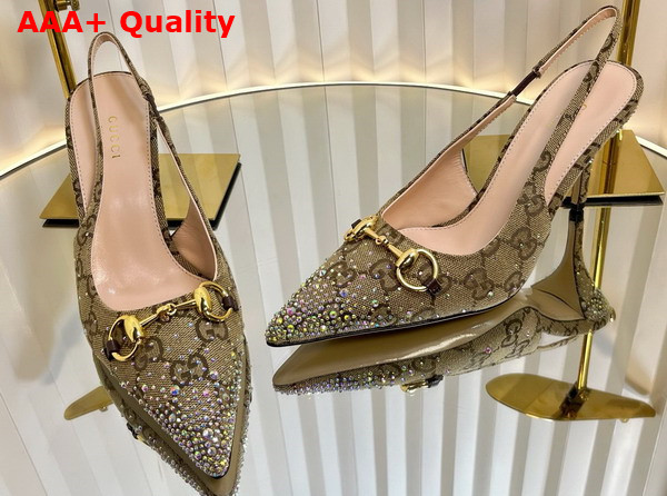 Gucci Womens Horsebit Pump in Beige and Dark Brown GG Canvas with Multi Dimension Crystals Details 812176 Replica