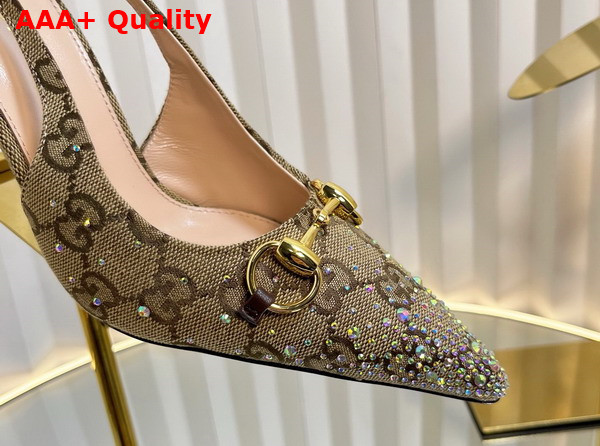 Gucci Womens Horsebit Pump in Beige and Dark Brown GG Canvas with Multi Dimension Crystals Details 812176 Replica