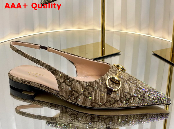 Gucci Womens Horsebit Pump in Beige and Dark Brown GG Canvas with Multi Dimension Crystals Details 812176 Replica