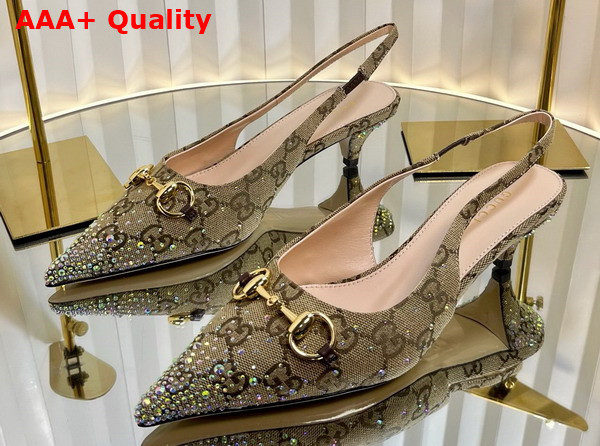 Gucci Womens Horsebit Pump in Beige and Dark Brown GG Canvas with Multi Dimension Crystals Details 812176 Replica