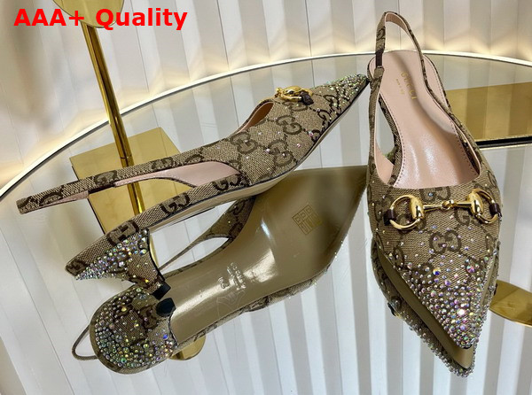 Gucci Womens Horsebit Pump in Beige and Dark Brown GG Canvas with Multi Dimension Crystals Details 812176 Replica