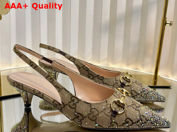 Gucci Womens Horsebit Pump in Beige and Dark Brown GG Canvas with Multi Dimension Crystals Details 812176 Replica