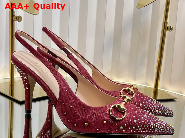 Gucci Womens Horsebit Pump in Rosso Ancora Red GG Canvas with Multi Dimension Crystals Details 812176 Replica
