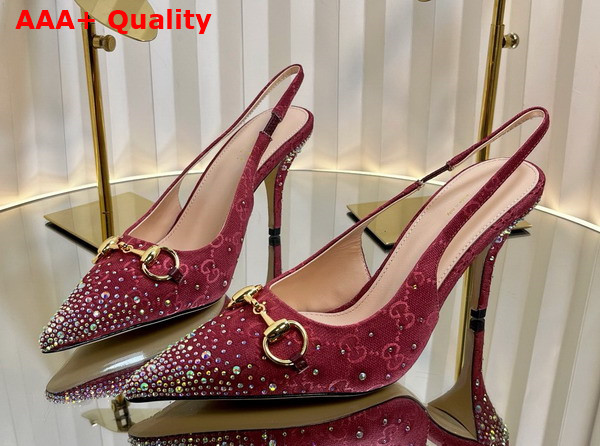 Gucci Womens Horsebit Pump in Rosso Ancora Red GG Canvas with Multi Dimension Crystals Details 812176 Replica