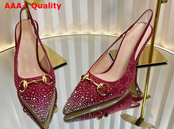 Gucci Womens Horsebit Pump in Rosso Ancora Red GG Canvas with Multi Dimension Crystals Details 812176 Replica