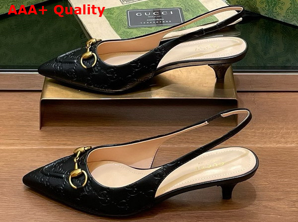 Gucci Womens Horsebit Slingback Pump in Black GG Leather 782407 Replica