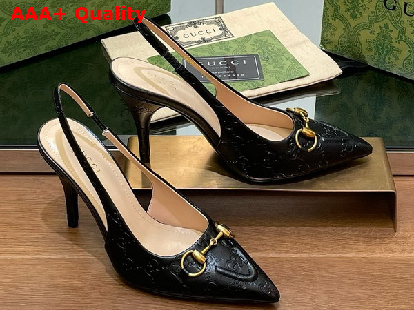 Gucci Womens Horsebit Slingback Pump in Black GG Leather 782407 Replica