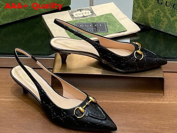 Gucci Womens Horsebit Slingback Pump in Black GG Leather 782407 Replica