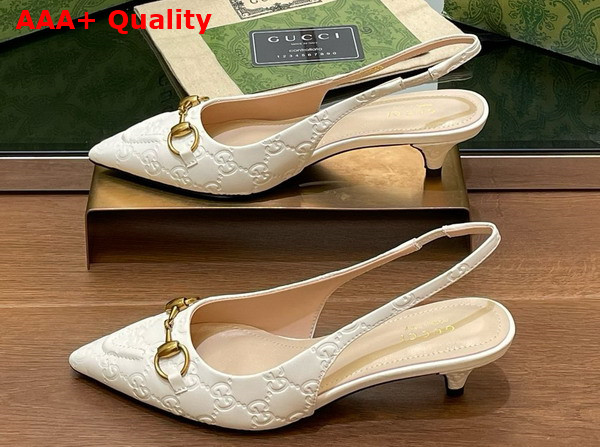 Gucci Womens Horsebit Slingback Pump in White GG Leather 782407 Replica