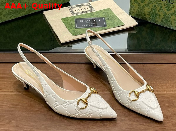 Gucci Womens Horsebit Slingback Pump in White GG Leather 782407 Replica