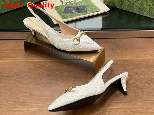 Gucci Womens Horsebit Slingback Pump in White GG Leather 782407 Replica