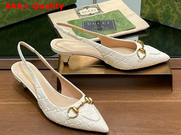 Gucci Womens Horsebit Slingback Pump in White GG Leather 782407 Replica