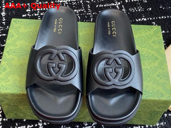 Gucci Womens Interlocking G Slide Sandal in Black Leather 816334 Replica