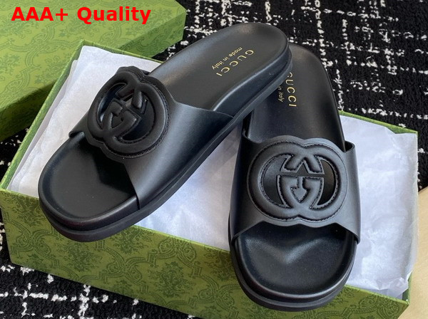 Gucci Womens Interlocking G Slide Sandal in Black Leather 816334 Replica