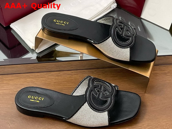 Gucci Womens Interlocking G Slide Sandal in Black Leather and Canvas Trim 835723 Replica