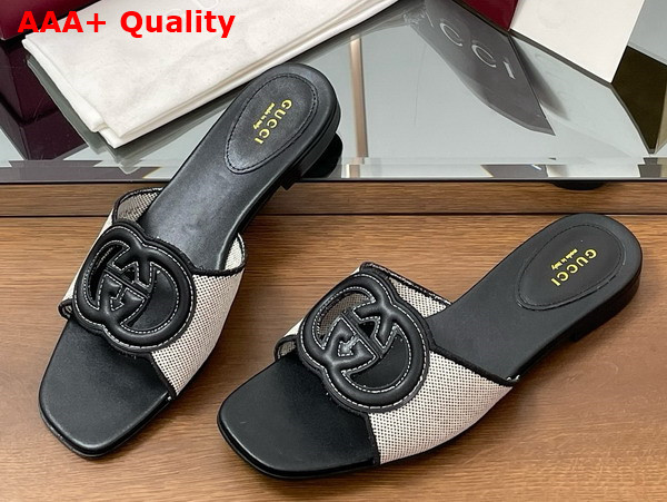 Gucci Womens Interlocking G Slide Sandal in Black Leather and Canvas Trim 835723 Replica