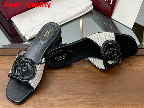 Gucci Womens Interlocking G Slide Sandal in Black Leather and Canvas Trim 835723 Replica