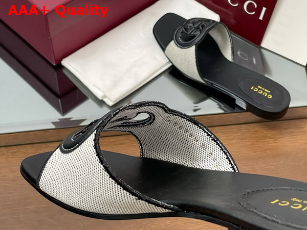 Gucci Womens Interlocking G Slide Sandal in Black Leather and Canvas Trim 835723 Replica