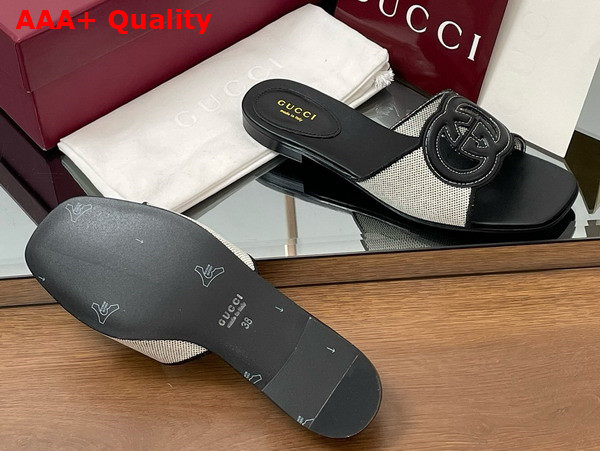 Gucci Womens Interlocking G Slide Sandal in Black Leather and Canvas Trim 835723 Replica