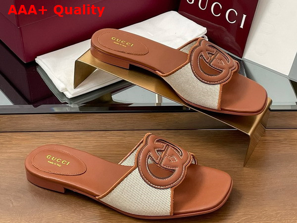 Gucci Womens Interlocking G Slide Sandal in Brown Leather and Canvas Trim 835723 Replica