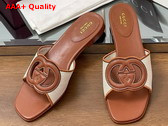Gucci Womens Interlocking G Slide Sandal in Brown Leather and Canvas Trim 835723 Replica