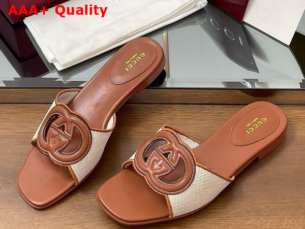 Gucci Womens Interlocking G Slide Sandal in Brown Leather and Canvas Trim 835723 Replica