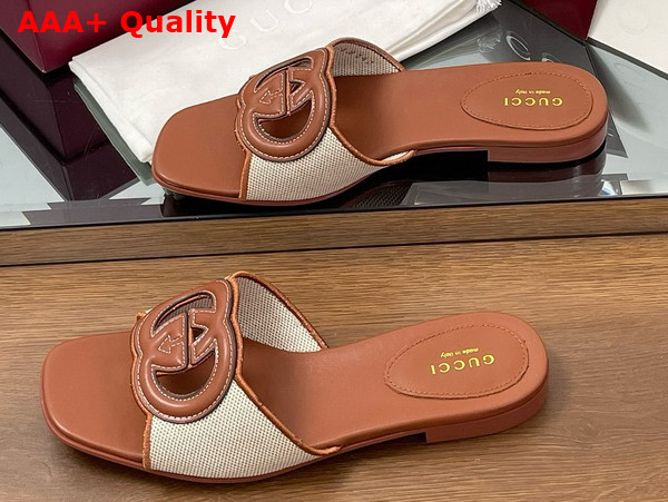 Gucci Womens Interlocking G Slide Sandal in Brown Leather and Canvas Trim 835723 Replica