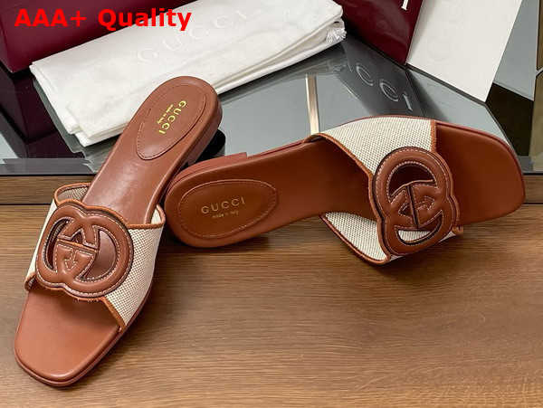 Gucci Womens Interlocking G Slide Sandal in Brown Leather and Canvas Trim 835723 Replica