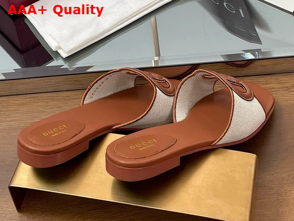 Gucci Womens Interlocking G Slide Sandal in Brown Leather and Canvas Trim 835723 Replica