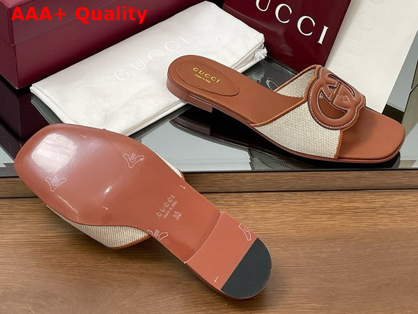 Gucci Womens Interlocking G Slide Sandal in Brown Leather and Canvas Trim 835723 Replica
