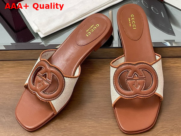 Gucci Womens Interlocking G Slide Sandal in Brown Leather and Canvas Trim 835723 Replica