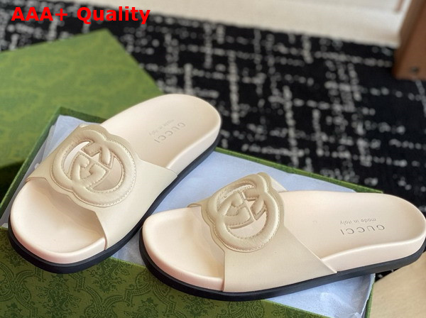 Gucci Womens Interlocking G Slide Sandal in Ivory Leather 816334 Replica