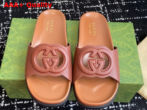 Gucci Womens Interlocking G Slide Sandal in Light Brown Leather 816334 Replica