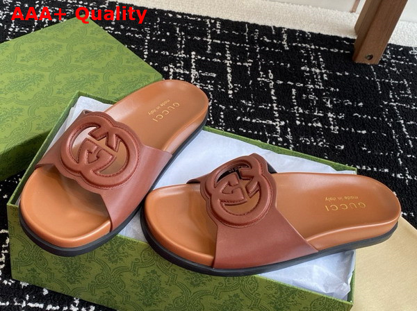 Gucci Womens Interlocking G Slide Sandal in Light Brown Leather 816334 Replica