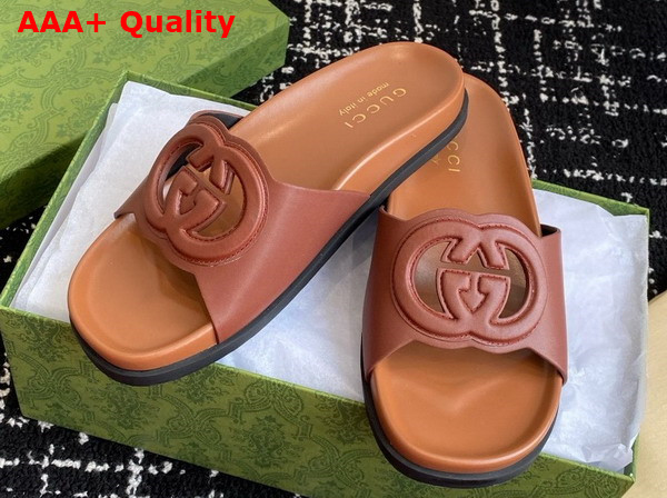 Gucci Womens Interlocking G Slide Sandal in Light Brown Leather 816334 Replica