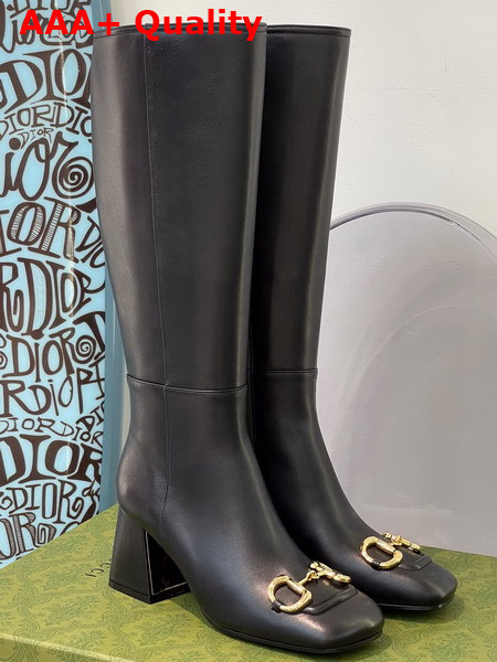 Gucci Womens Knee High Boot with Horsebit Black Leather 643889 Replica