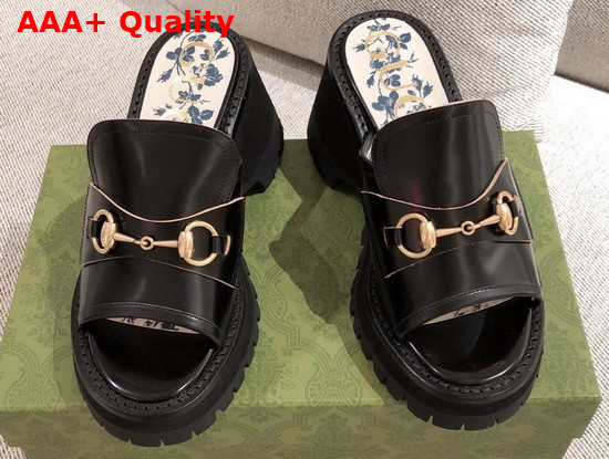 Gucci Womens Mid Heel Slide Sandal with Horsebit Black Leather 645396 Replica