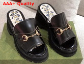 Gucci Womens Mid Heel Slide Sandal with Horsebit Black Leather 645396 Replica